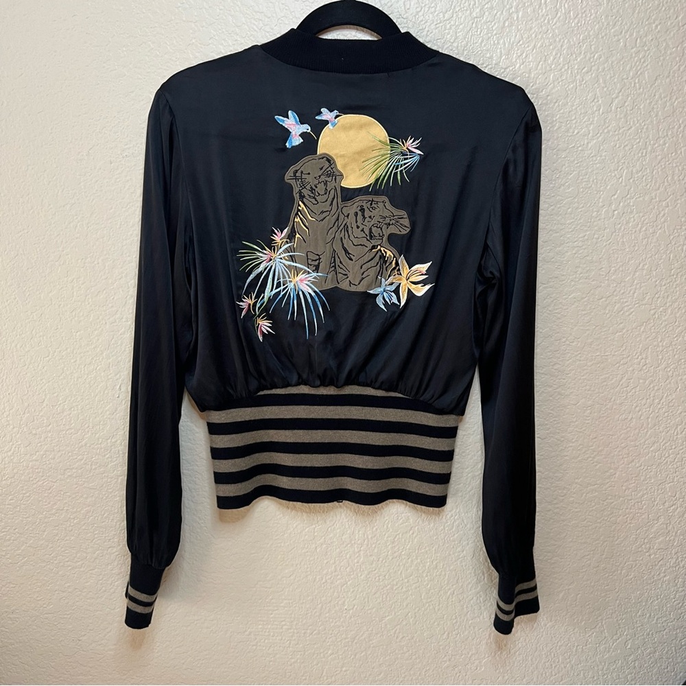 Marc Cain Black Silk Cropped Bomber Jacket Embroidered On Back Zip Up XS/ S